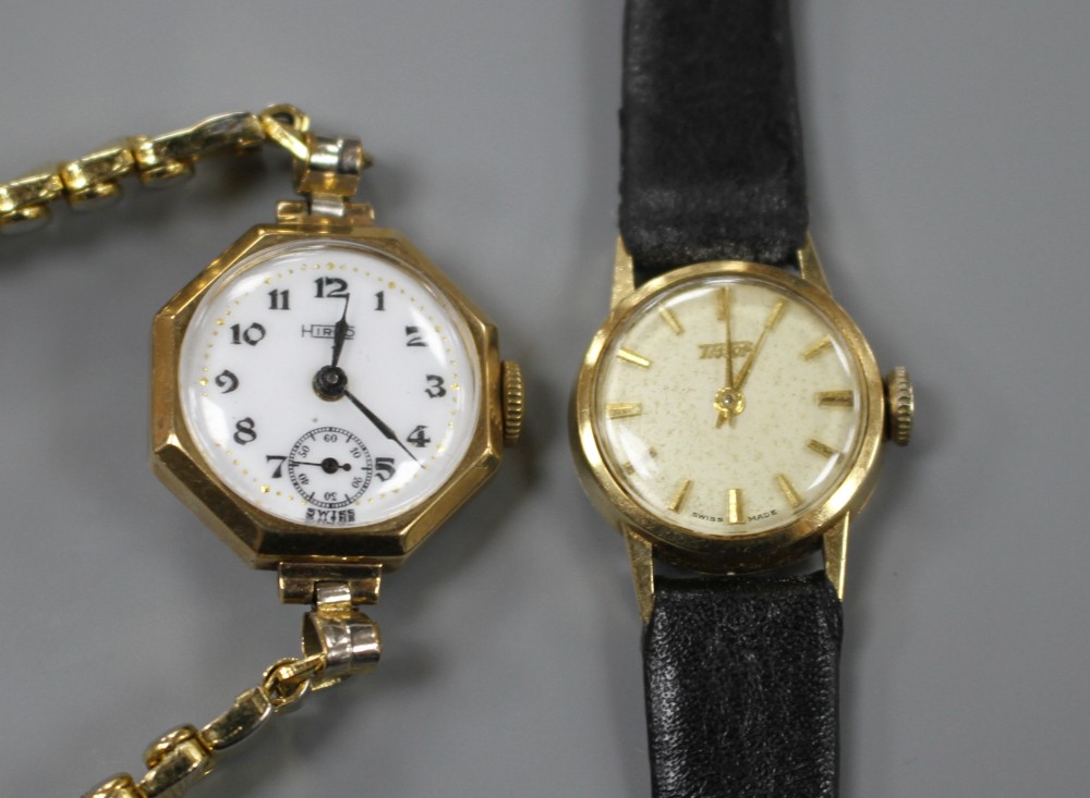 Two ladys 9ct gold wrist watches, Tissot and Hirco, on leather and gold plated flexible strap, respectively,